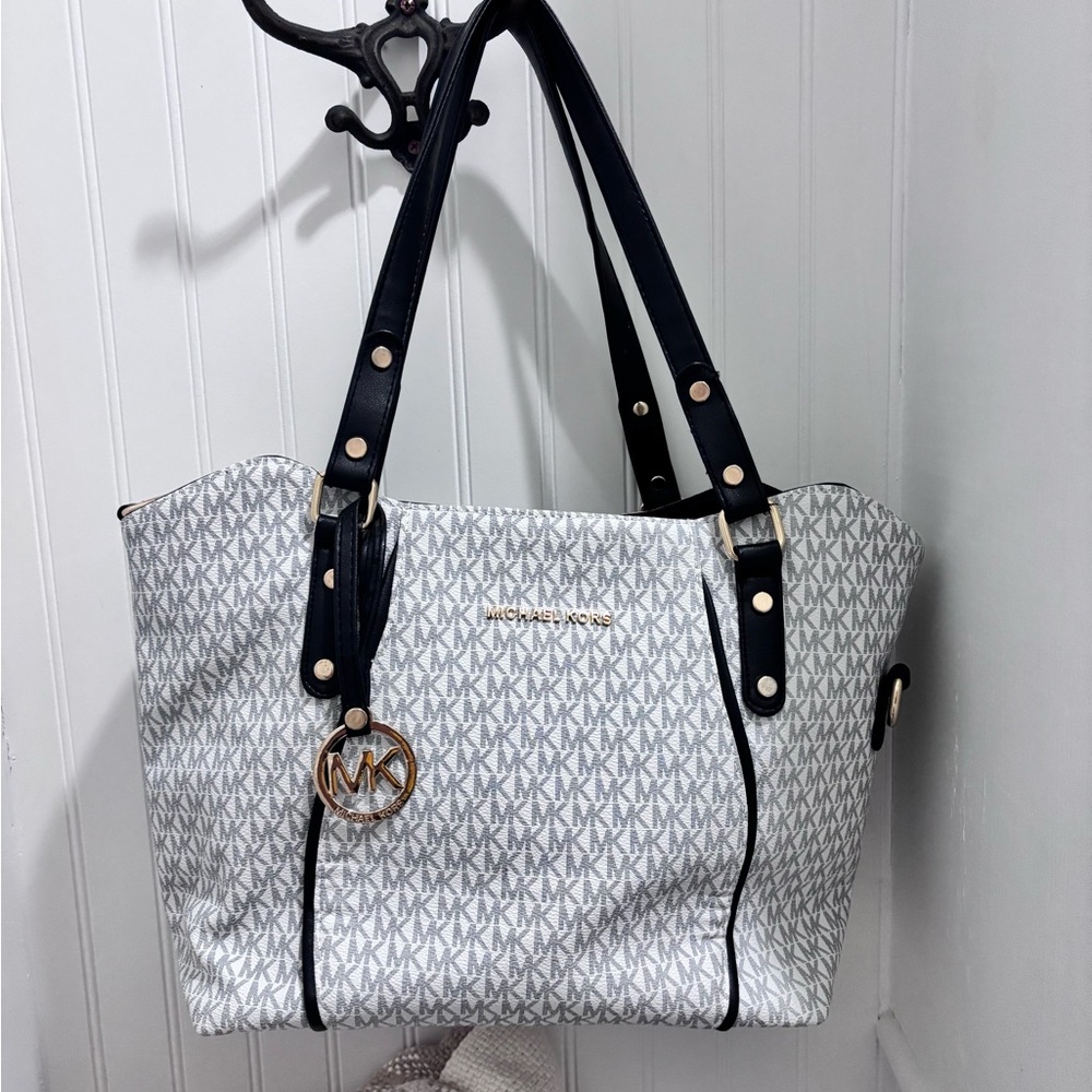 Michael Kors White and Black Tote Bag with Structured Design